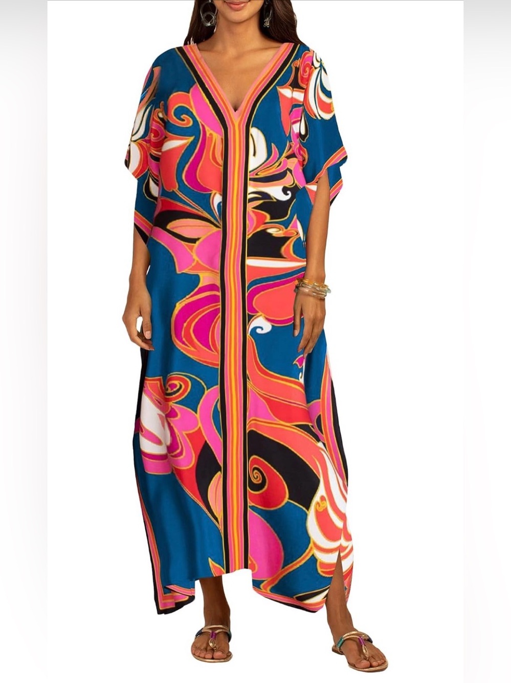 Blue Floral Maxi Kaftan Dress with Pink & Orange Accents
